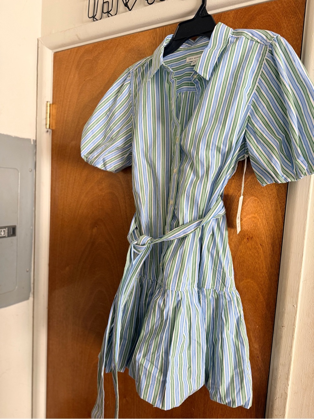 Striped Puff-Sleeve Midi Dress with Self-Tie Waist - Blue & Green